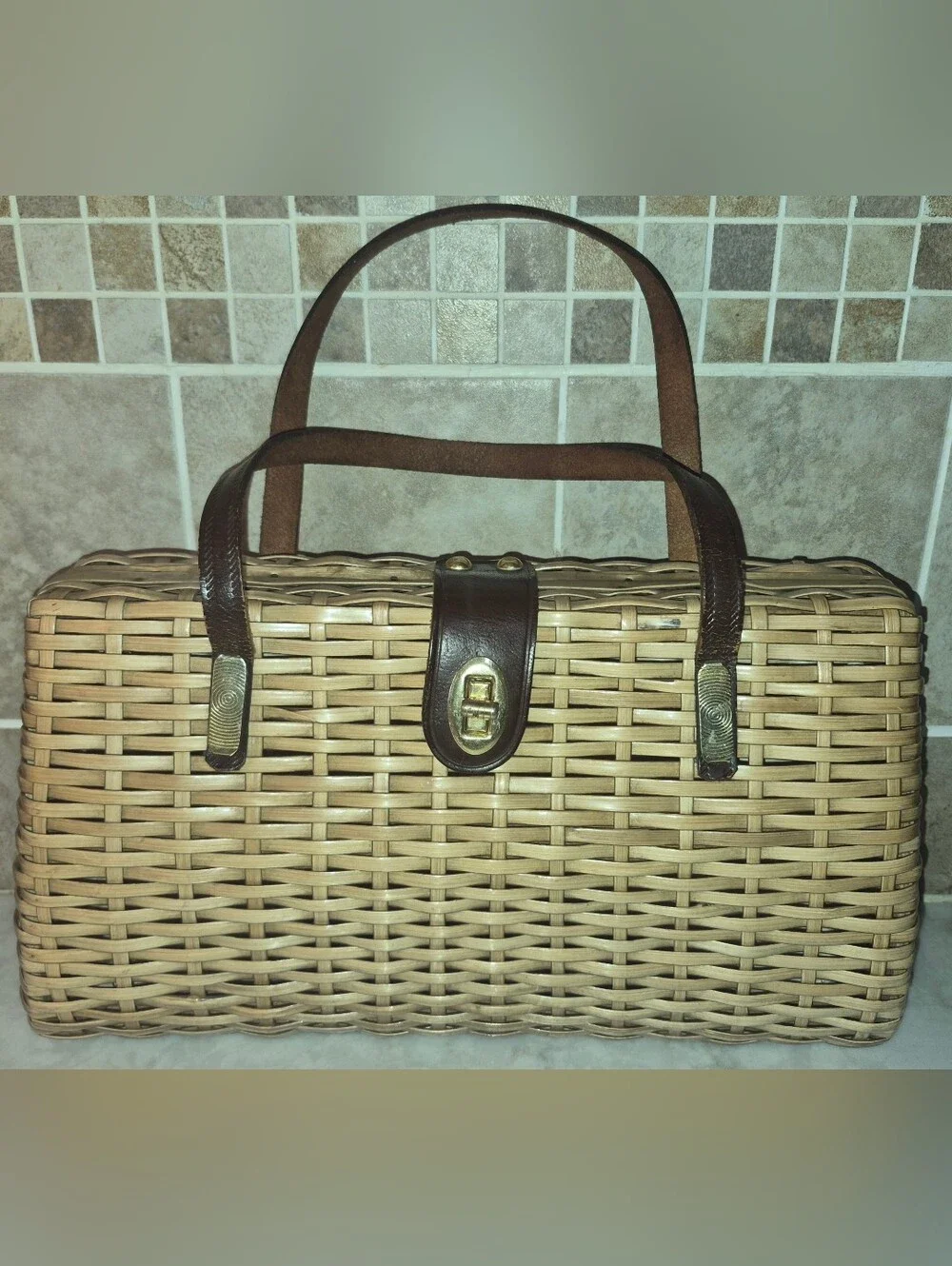 Vintage Handmade Basket Wicker & Leather Purse ,1950s-1960s, Made In Hong Kong